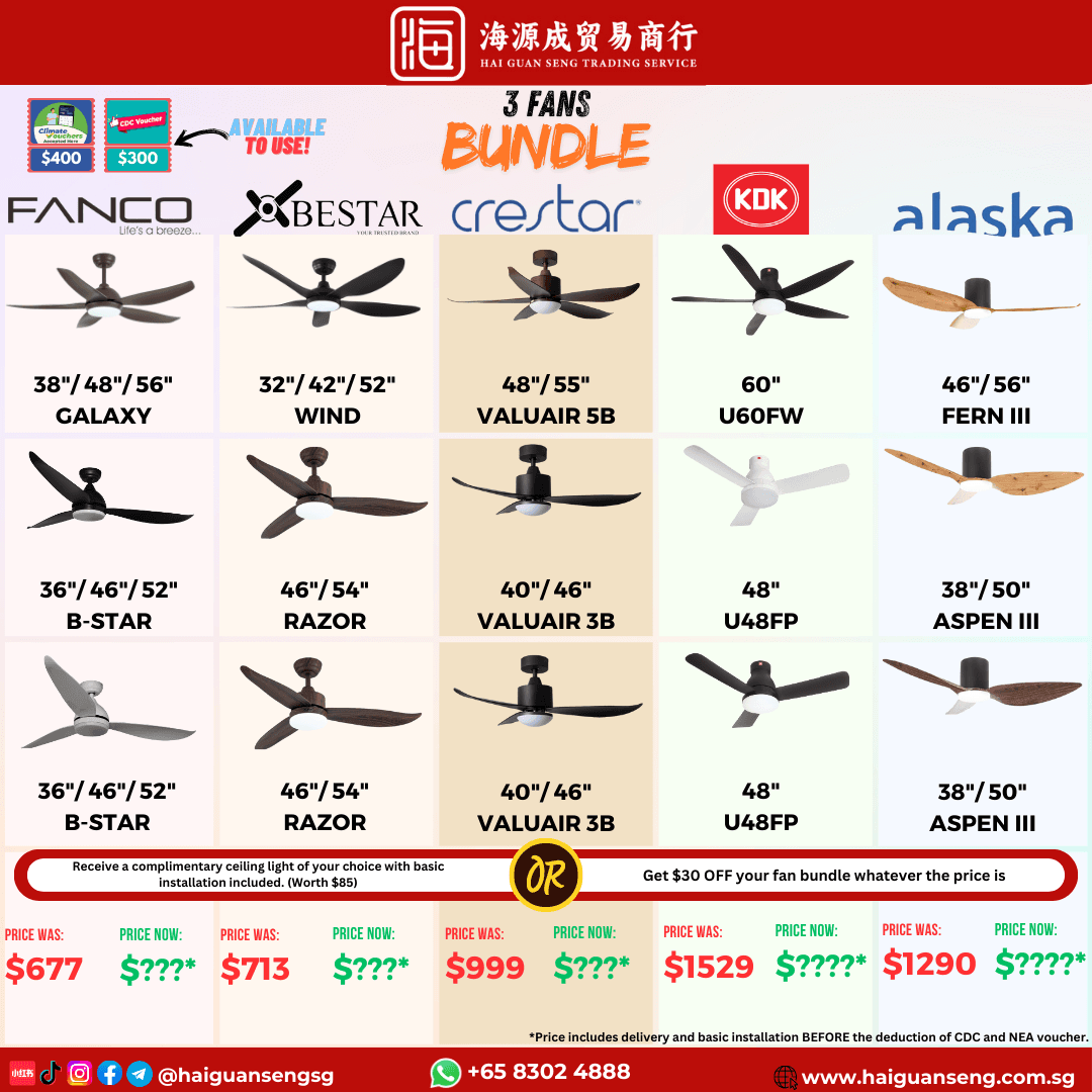 3 ceiling fans bundle, Fanco, Bestar, Crestar, KDK and Alaska selections