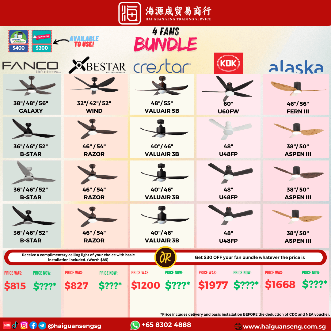 4 ceiling fans bundle, Fanco, Bestar, Crestar, KDK and Alaska selections