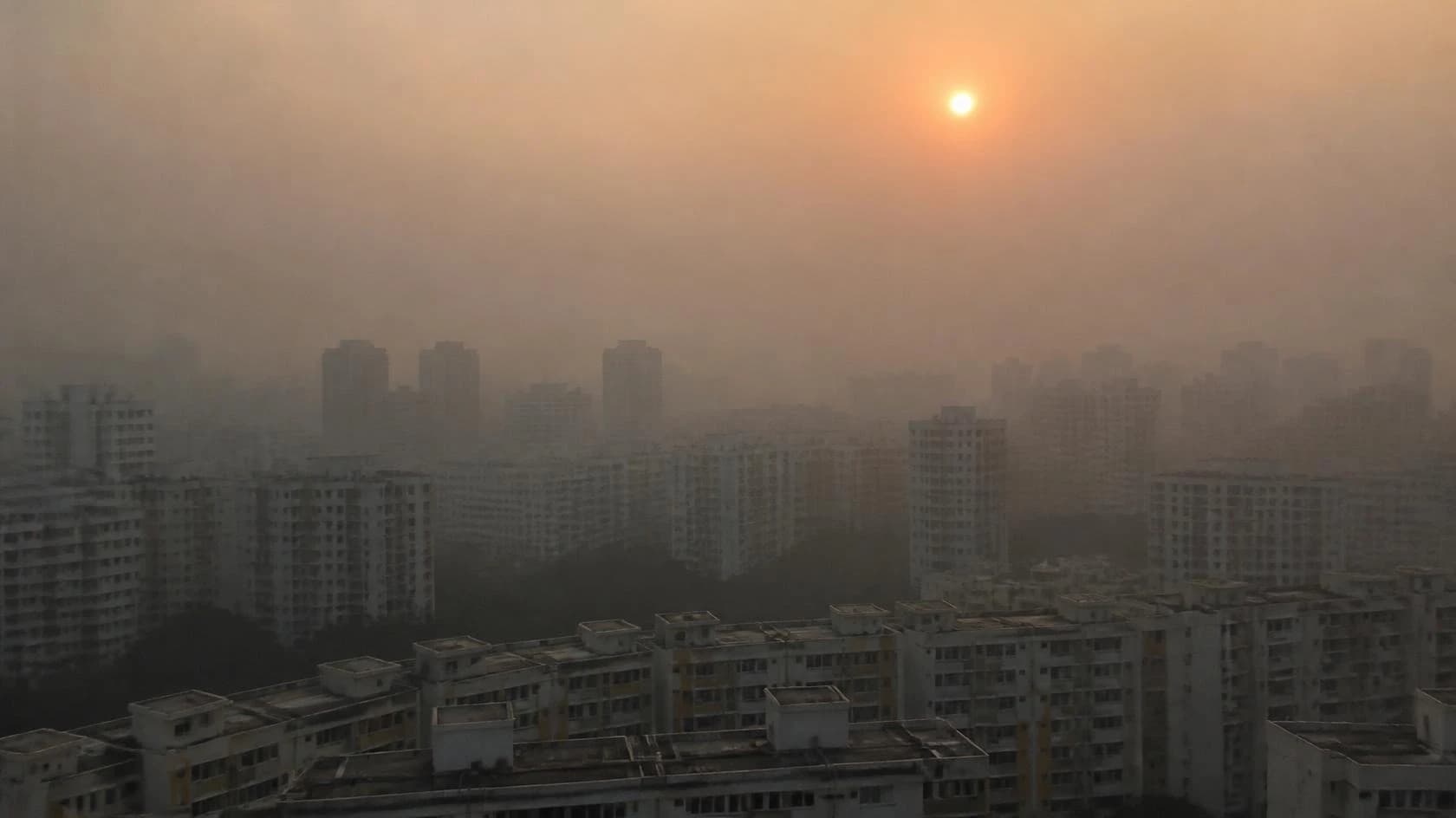Haze over Singapore HDB blocks, PM2.5 smog thick enough to turn the sun into a pale disc