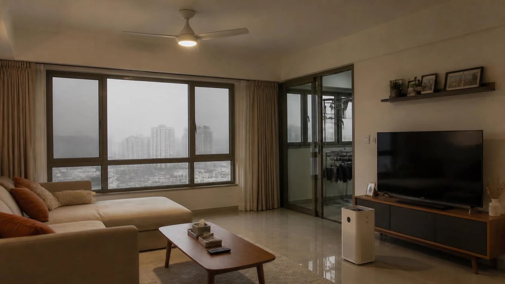 HDB living room during haze season with windows closed, DC ceiling fan on low speed and air purifier running by the sofa
