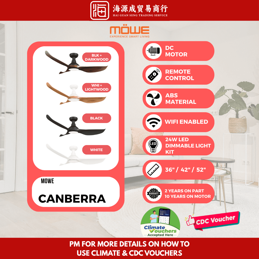Mowe, Mowe Canberra Smart Ceiling Fan 36" / 46" / 52" DC Ceiling Fan, DC motor, Climate Voucher eligible, Singapore